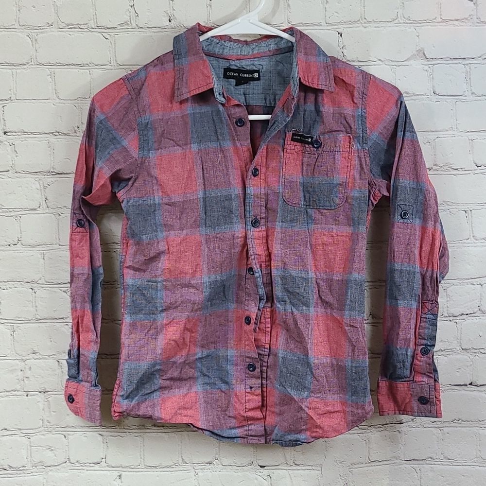 Ocean Current Boys Small Red/Blue Plaid Long Roll Tab Sleeve Button Down Shirt